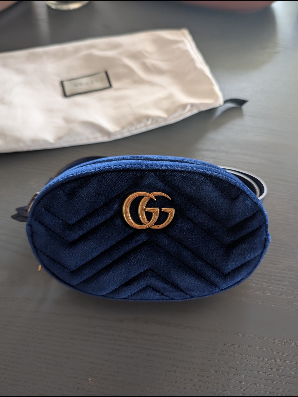 Gucci Navy Velvet GG Marmont Belt Bag